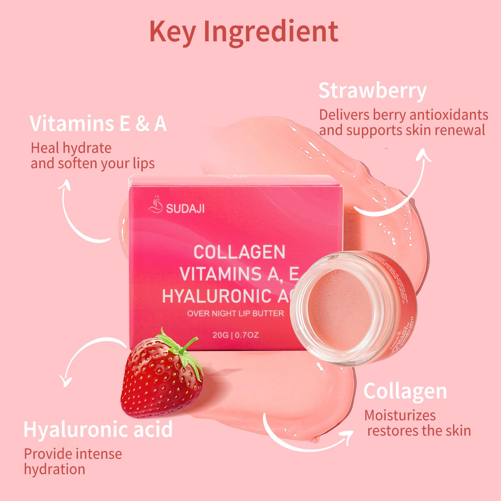 SUDAJI Collagen Lip Mask, Hydrating Lip Balm, Overnight Moisture Lip Butter with Hyaluronic Acid & Aloe Vera, Sleeping Nourishing Lip Butter Balm